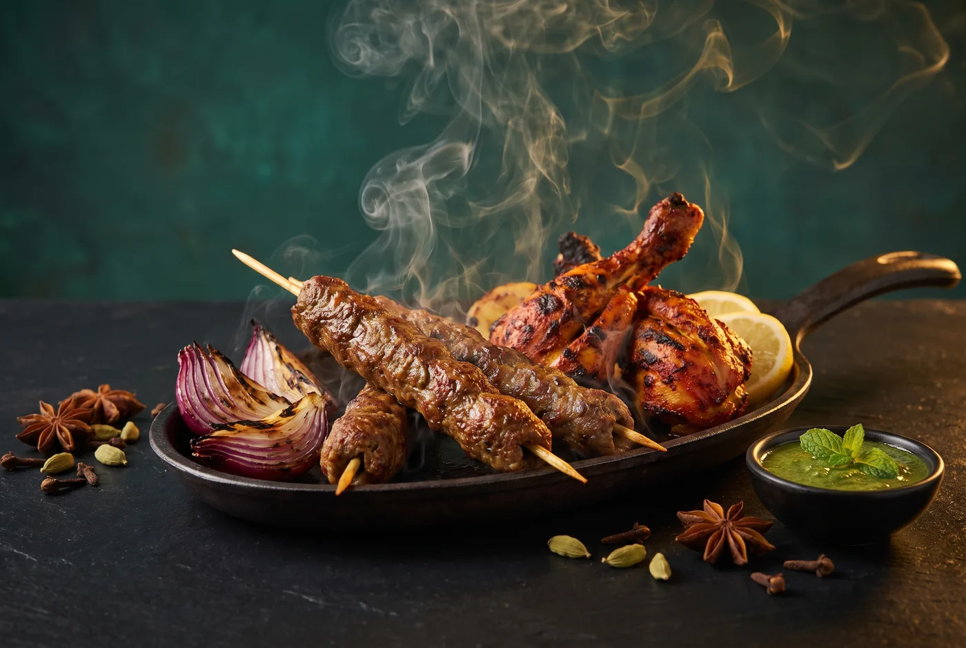 Lamm-Seekh-Kebab und Tandoori-Hähnchen auf heißer Eisenplatte