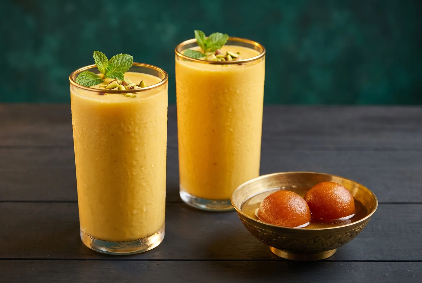 Zwei Gläser Mango-Lassi mit Gulab Jamun als Dessert