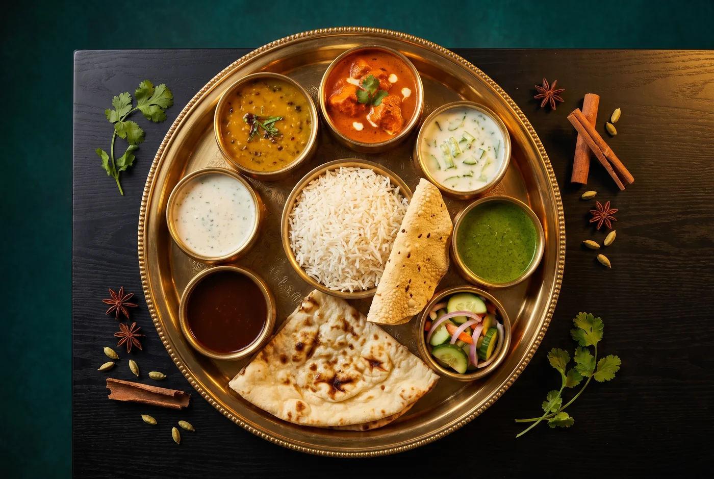 Indisches Thali auf einem Messingtablett mit Dal, Curry, Reis und Naan