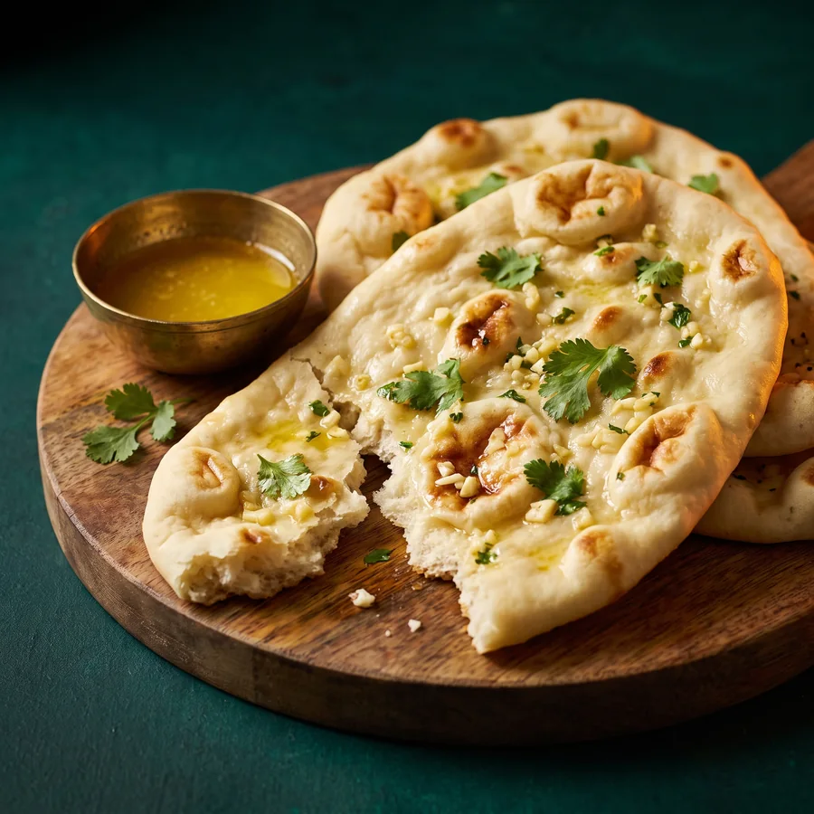Frisch gebackenes Garlic Naan mit Knoblauch und Koriander