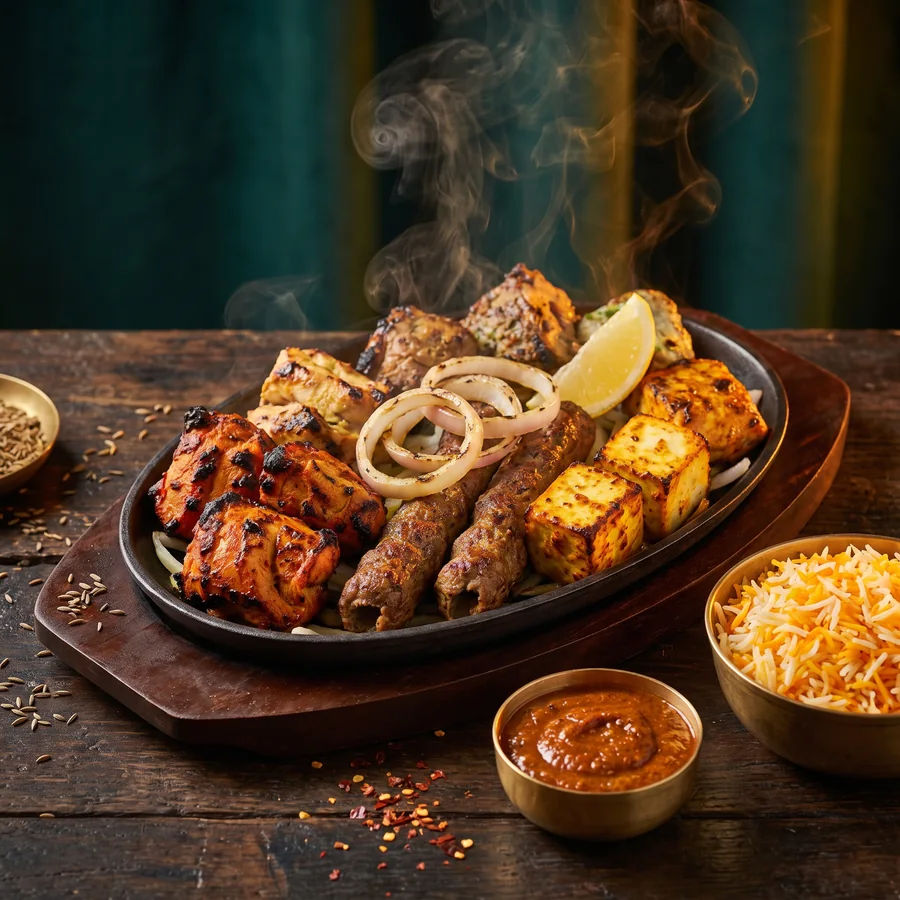 Gemischte Tandoori-Platte mit Spießen, Paneer und Dip