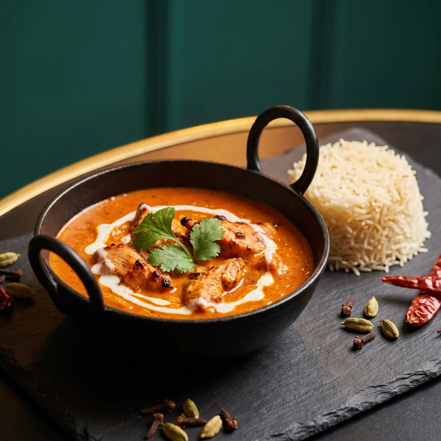 Chicken Tikka Masala in einer schwarzen Karahi-Schale mit Basmatireis