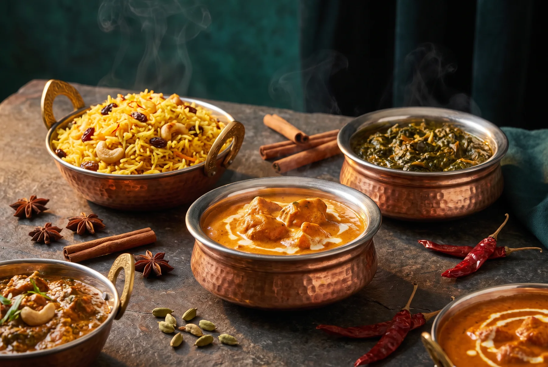 Indische Curries und Biryani in Kupferschalen, garniert mit frischem Koriander